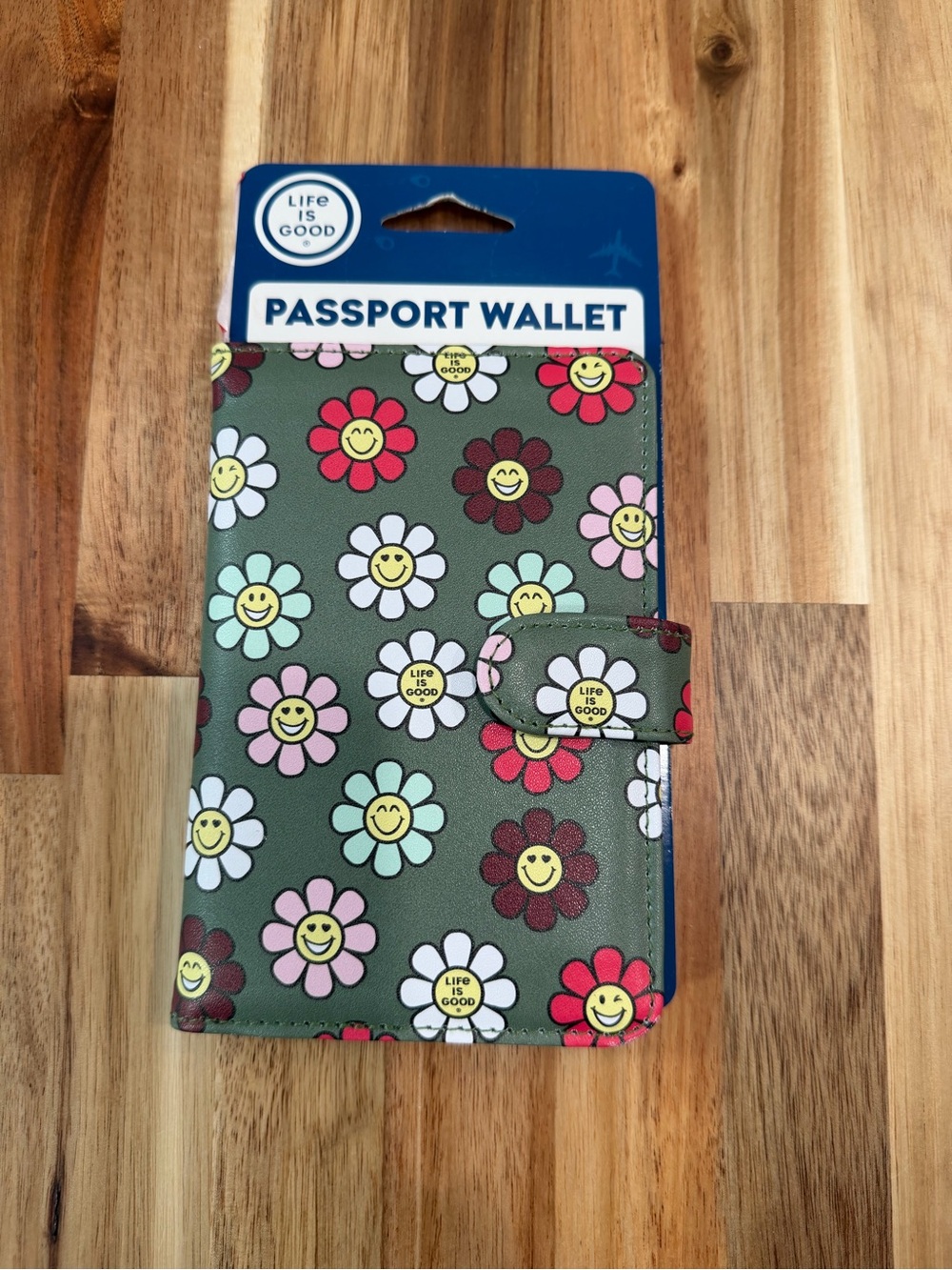 Life Is Good Olive Green Smiley Flower Passport Wallet